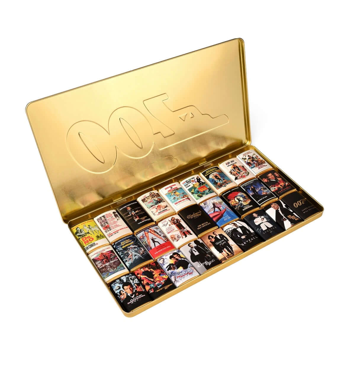 Gold chocolate box with 007 theme on a white background