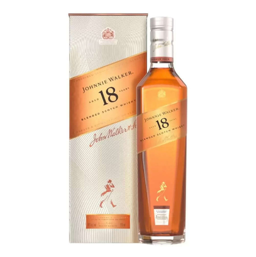 Tall, elegant amber glass bottle of Johnnie Walker 18 Years Old Blended Scotch Whisky paired with its matching gift box. The bottle features a warm orange-amber liquid, a silver foil capsule with embossed text, and a prominent orange-gold label band reading "JOHNNIE WALKER 18 YEARS" in gold lettering, with "BLENDED SCOTCH WHISKY" below and the iconic striding gold Johnnie Walker figure at the base.