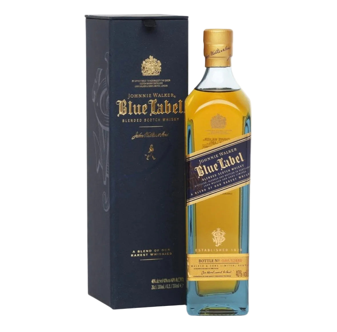 A bottle of Johnnie Walker Blue Label whisky with its dark blue packaging box, displayed on a clean white background.