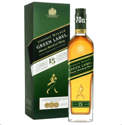 Tall green gift box and matching bottle of Johnnie Walker Green Label 15 Year Old Blended Malt Scotch Whisky. The box is deep green with a diagonal gold band across the front, featuring elegant gold text "JOHNNIE WALKER GREEN LABEL" and "Blended Malt Scotch Whisky" along with "AGED 15 YEARS" highlighted.