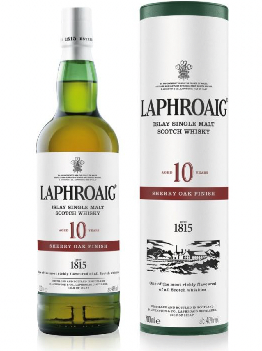 Laphroaig 10-year-old Islay Single Malt Scotch Whisky bottle and box on a white background