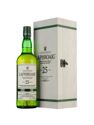 Laphroaig 25-year-old whiskey bottle and box on a white background