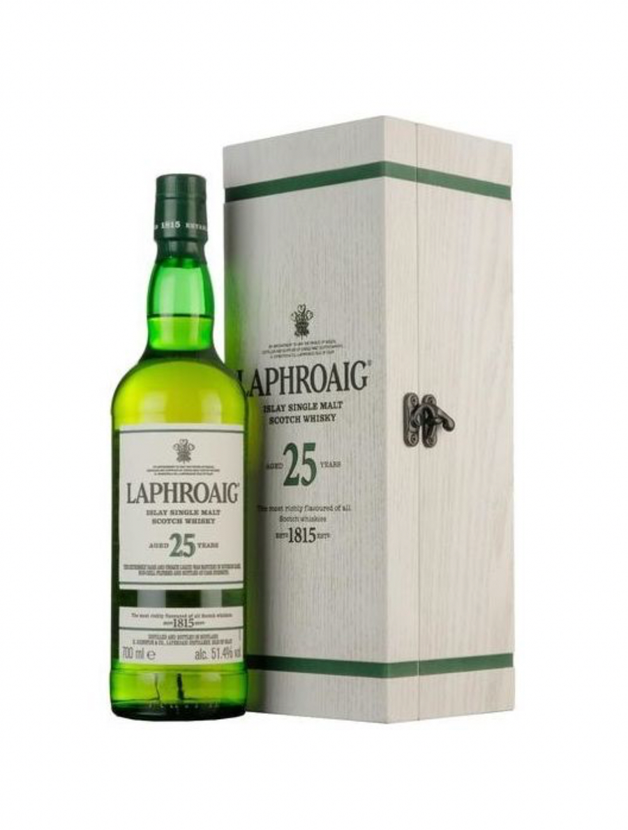 Laphroaig 25-year-old whiskey bottle and box on a white background