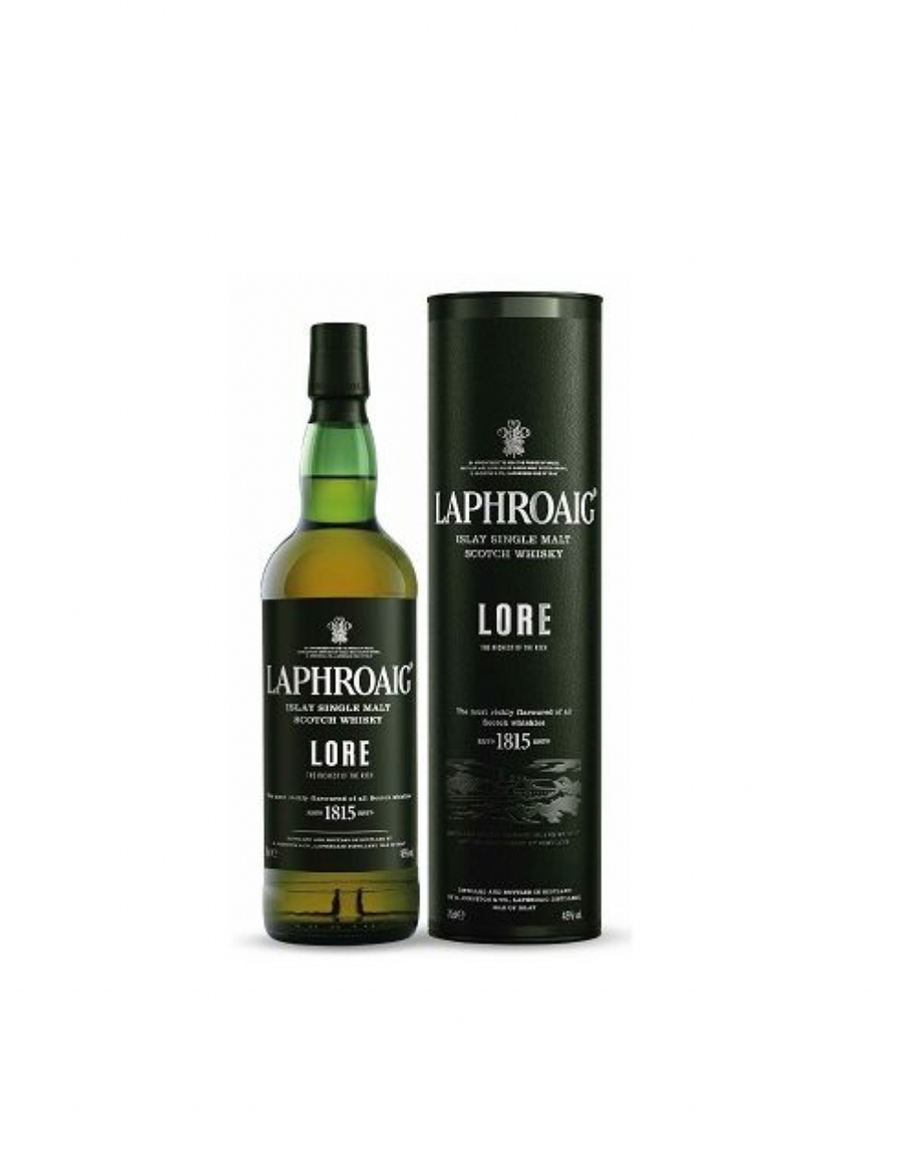 Laphroaig Lore whisky bottle and packaging on a white background