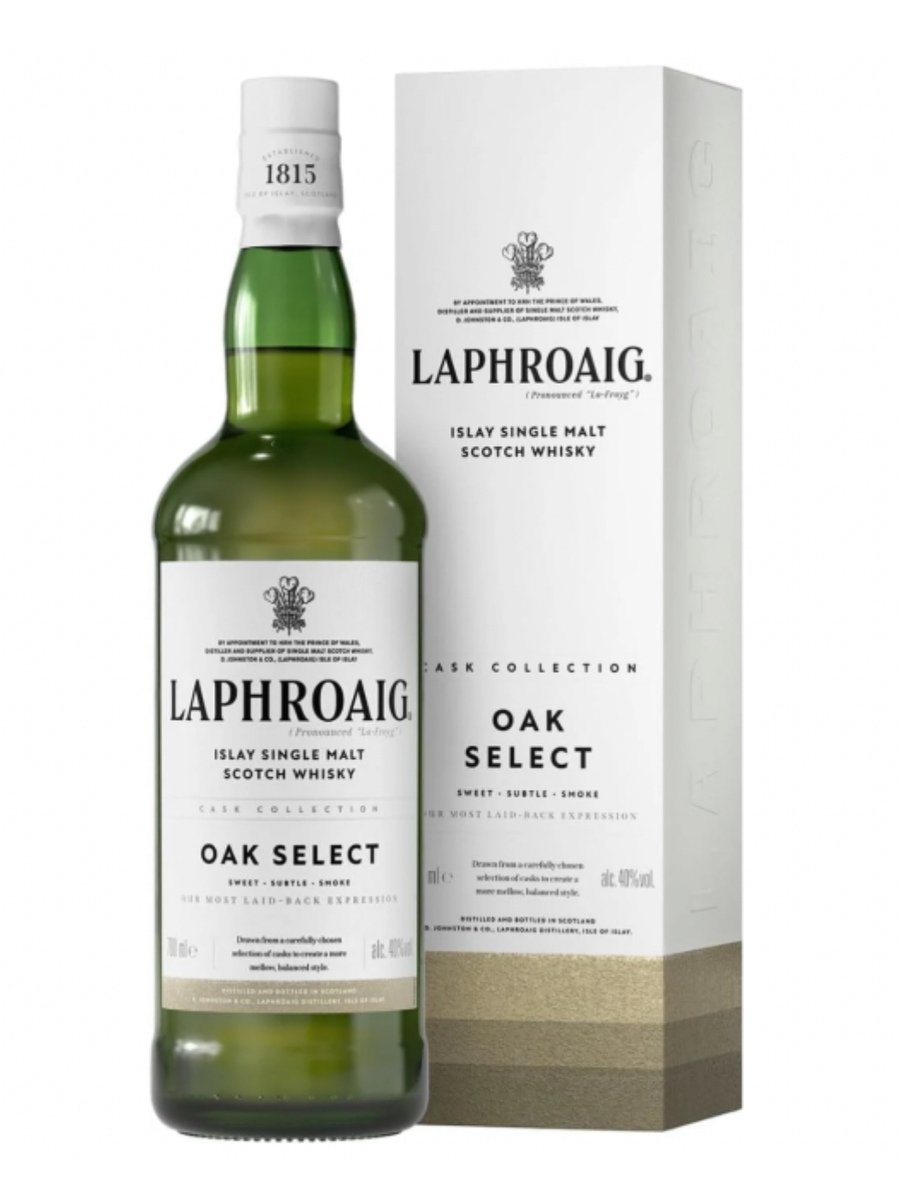 Laphroaig Oak Select whisky bottle and box on a white background