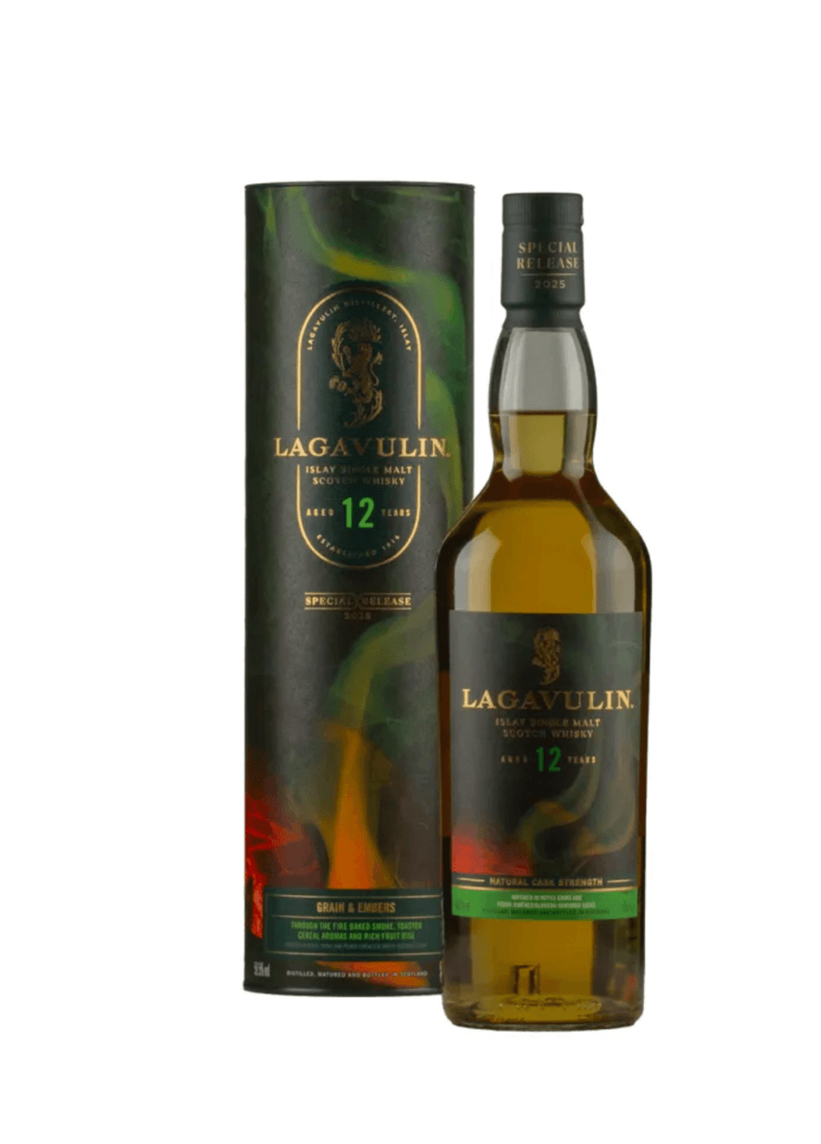 Lagavulin 12-year-old whisky bottle and packaging on a white background