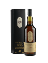 Lagavulin whisky bottle with packaging on a white background