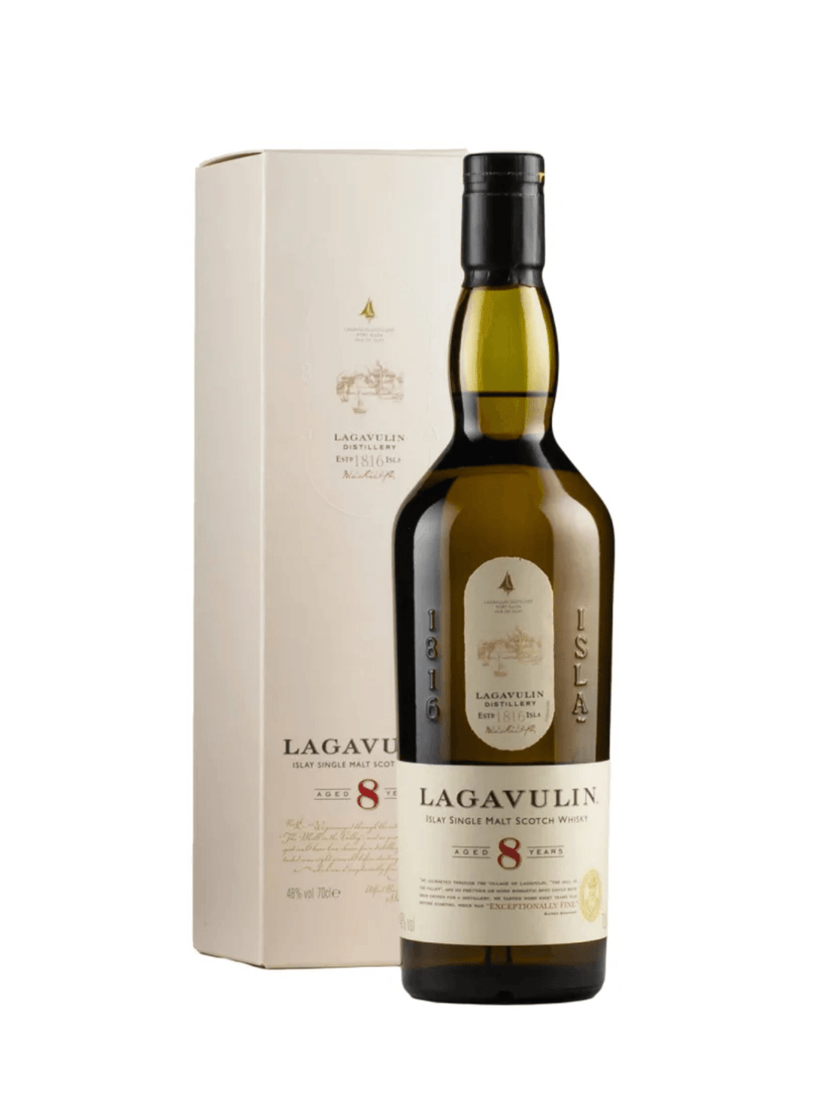 Lagavulin whisky bottle with box on a white background
