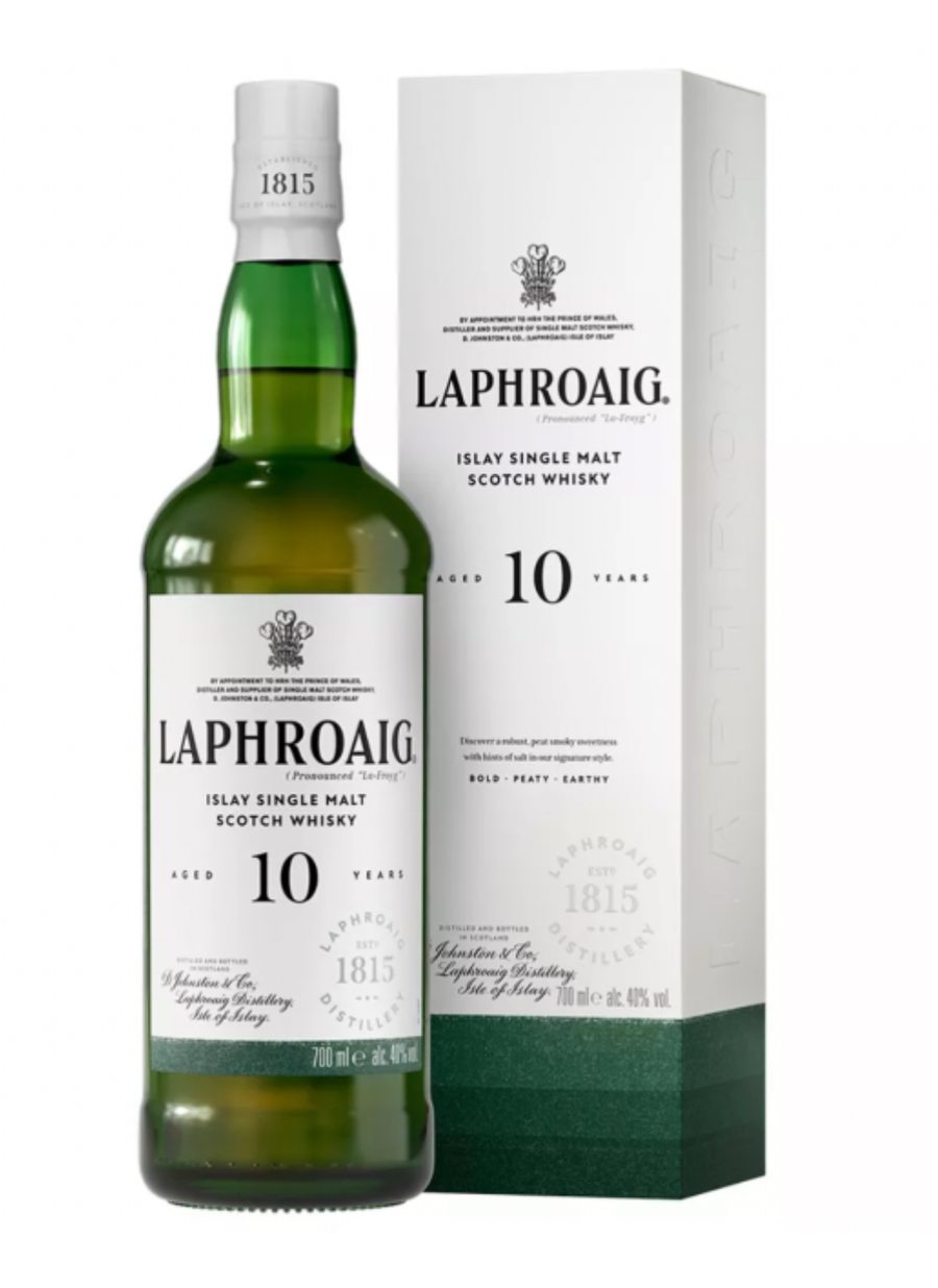 Laphroaig 10-year-old single malt Scotch whisky bottle and box on a white background