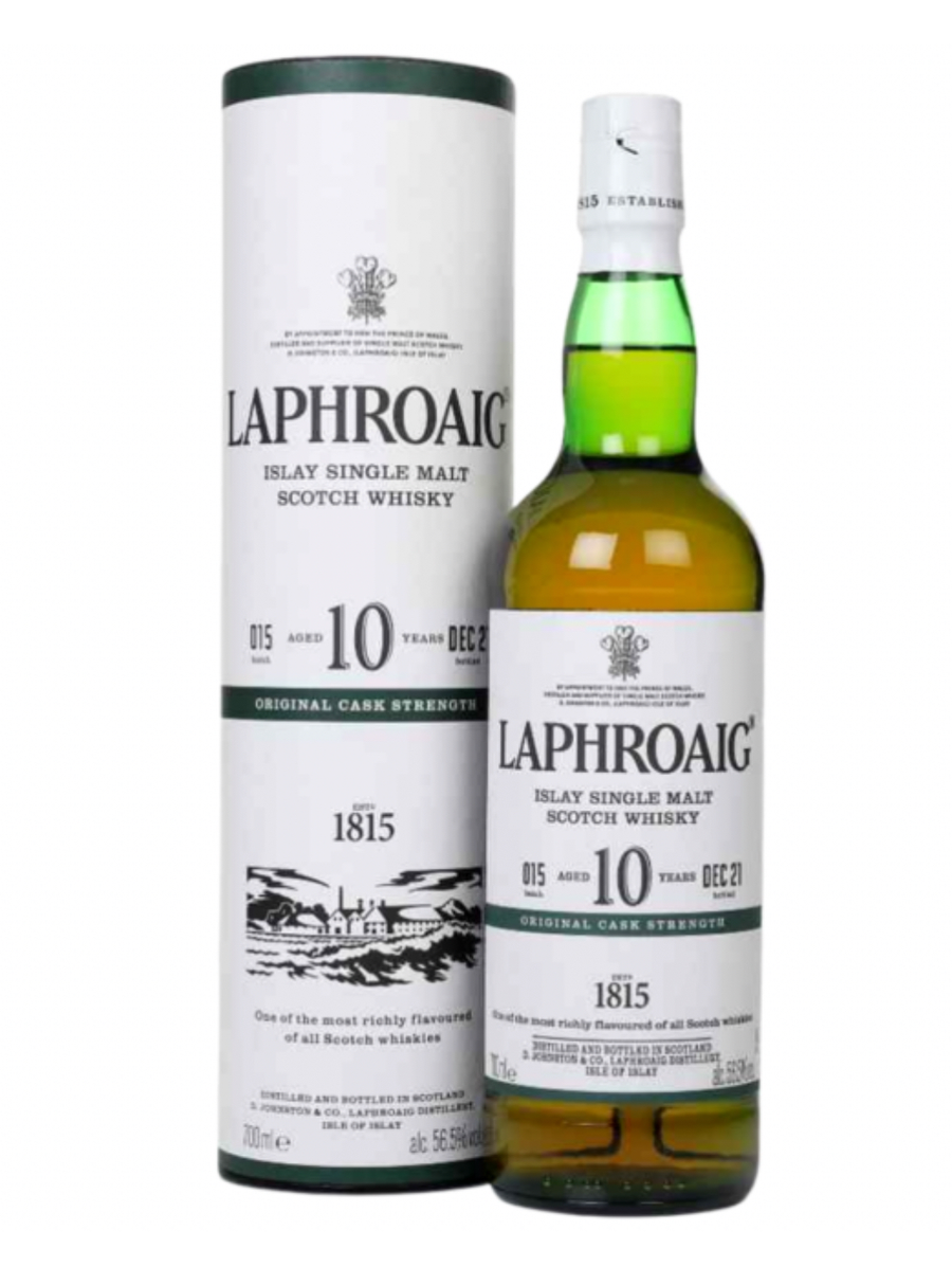 Laphroaig 10-year-old Islay Single Malt Scotch Whisky bottle and packaging on a white background