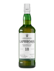 Laphroaig 18-year-old Islay single malt Scotch whisky bottle on a white background