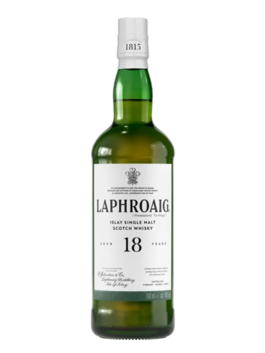 Laphroaig 18-year-old Islay single malt Scotch whisky bottle on a white background