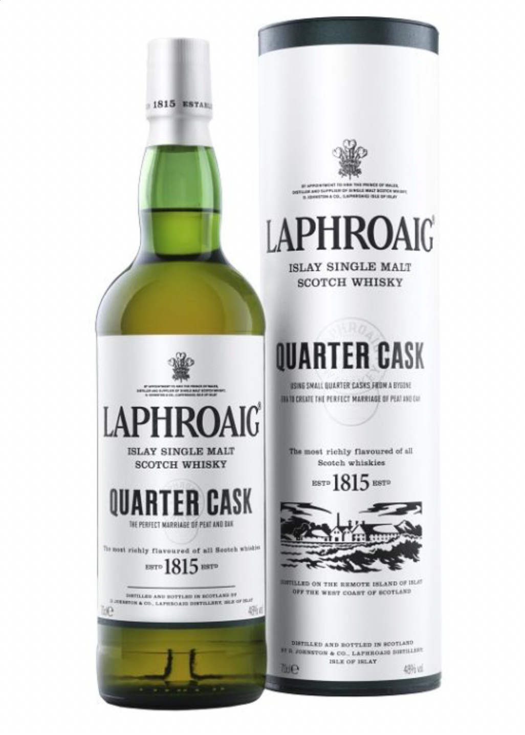 Laphroaig Quarter Cask whisky bottle and packaging on a white background