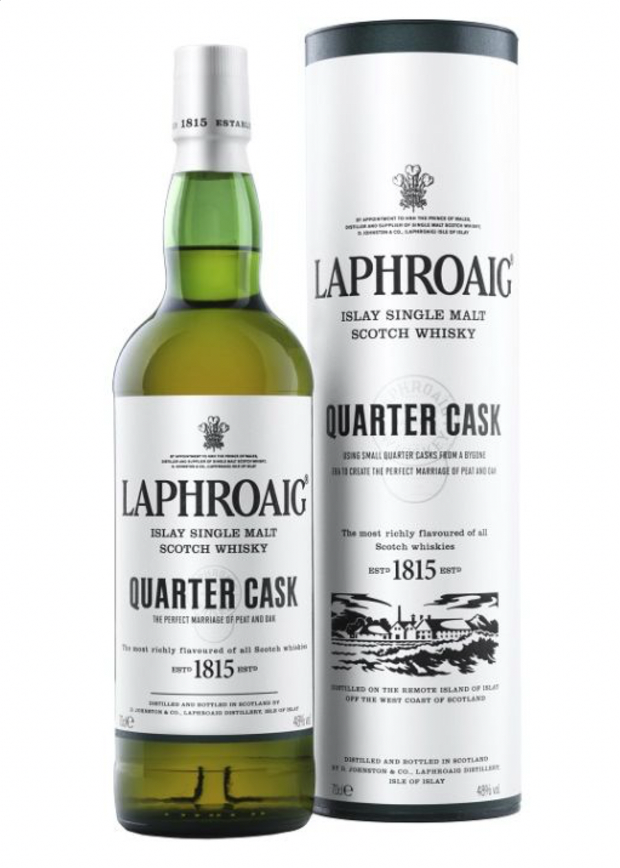 Laphroaig Quarter Cask whisky bottle and packaging on a white background