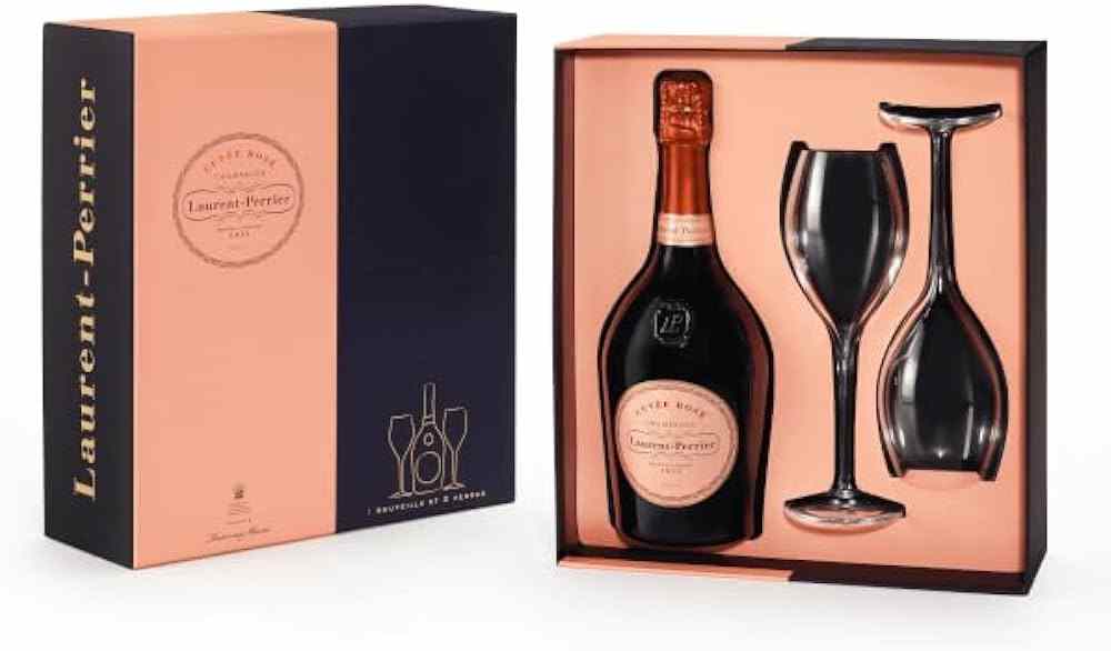 Laurent-Perrier Cuvée Rosé Brut NV Champagne Gift Set features a 75cl bottle and two glasses in an elegant box.