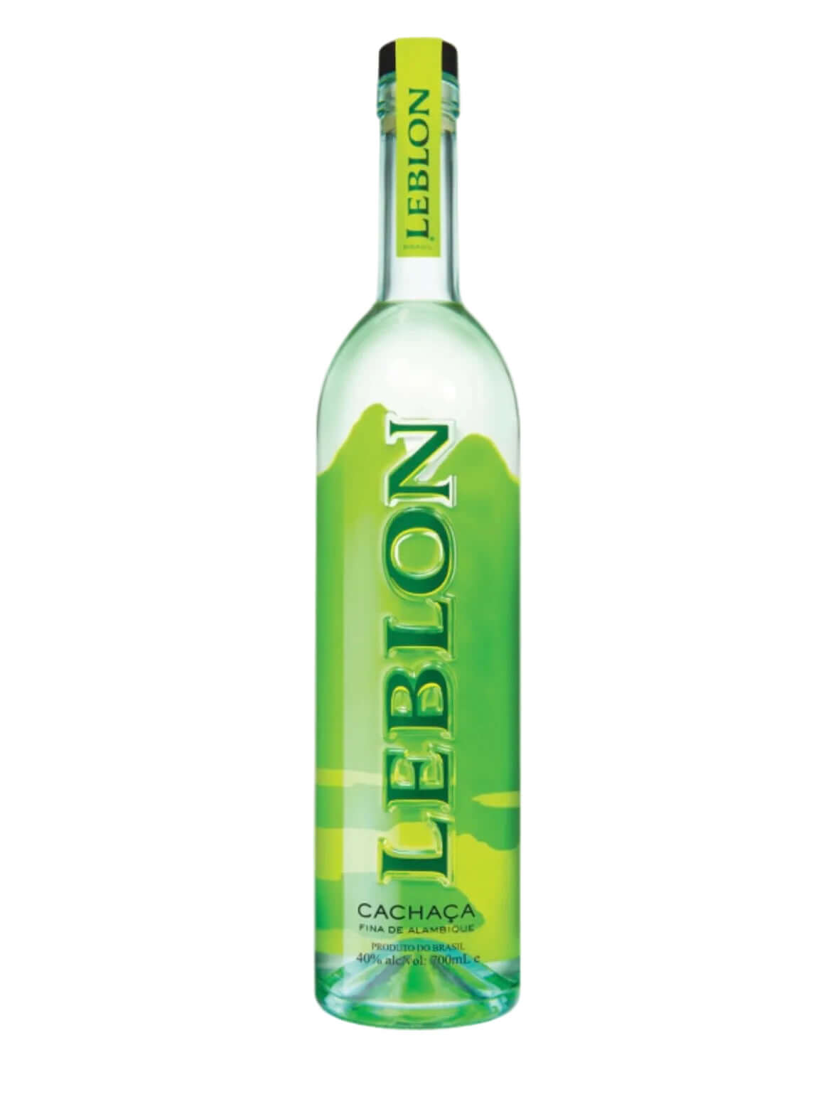 A bottle of Leblon Cachaca rum on a white background, featuring a vibrant lime-green label with the brand name 'LEBLON' printed vertically in dark green.