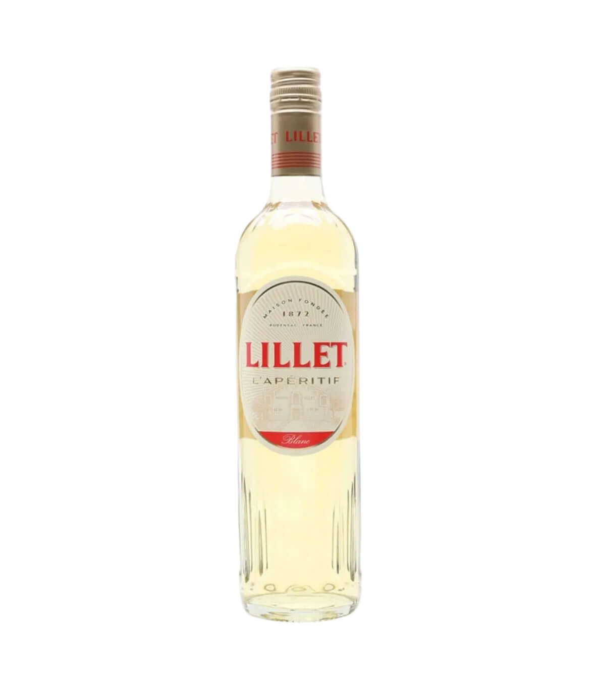 A bottle of Lillet Caperitif white wine, featuring a clear glass bottle with pale golden liquid inside, a cream-colored label with bold red and black text, and a gold screw cap, set against a plain white background.