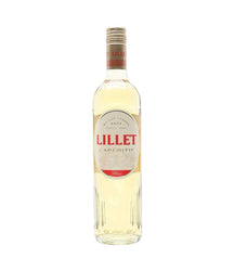 A bottle of Lillet Caperitif white wine, featuring a clear glass bottle with pale golden liquid inside, a cream-colored label with bold red and black text, and a gold screw cap, set against a plain white background.