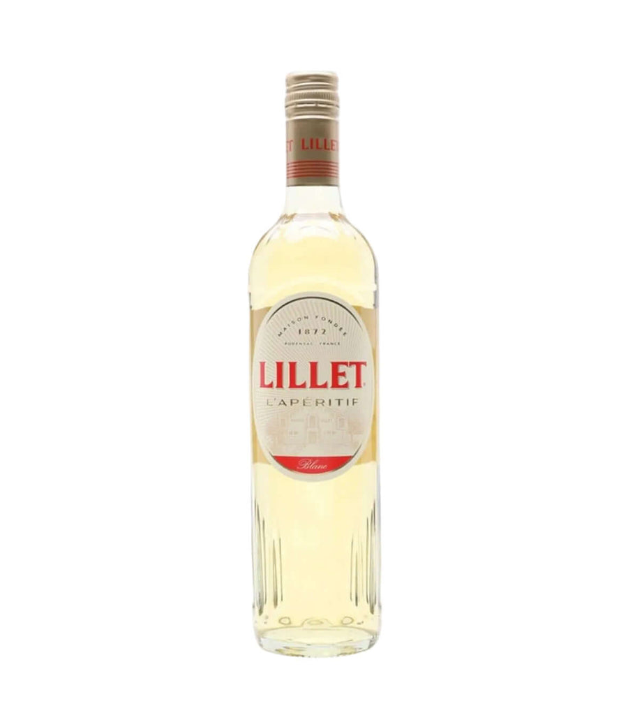 A bottle of Lillet Caperitif white wine, featuring a clear glass bottle with pale golden liquid inside, a cream-colored label with bold red and black text, and a gold screw cap, set against a plain white background.