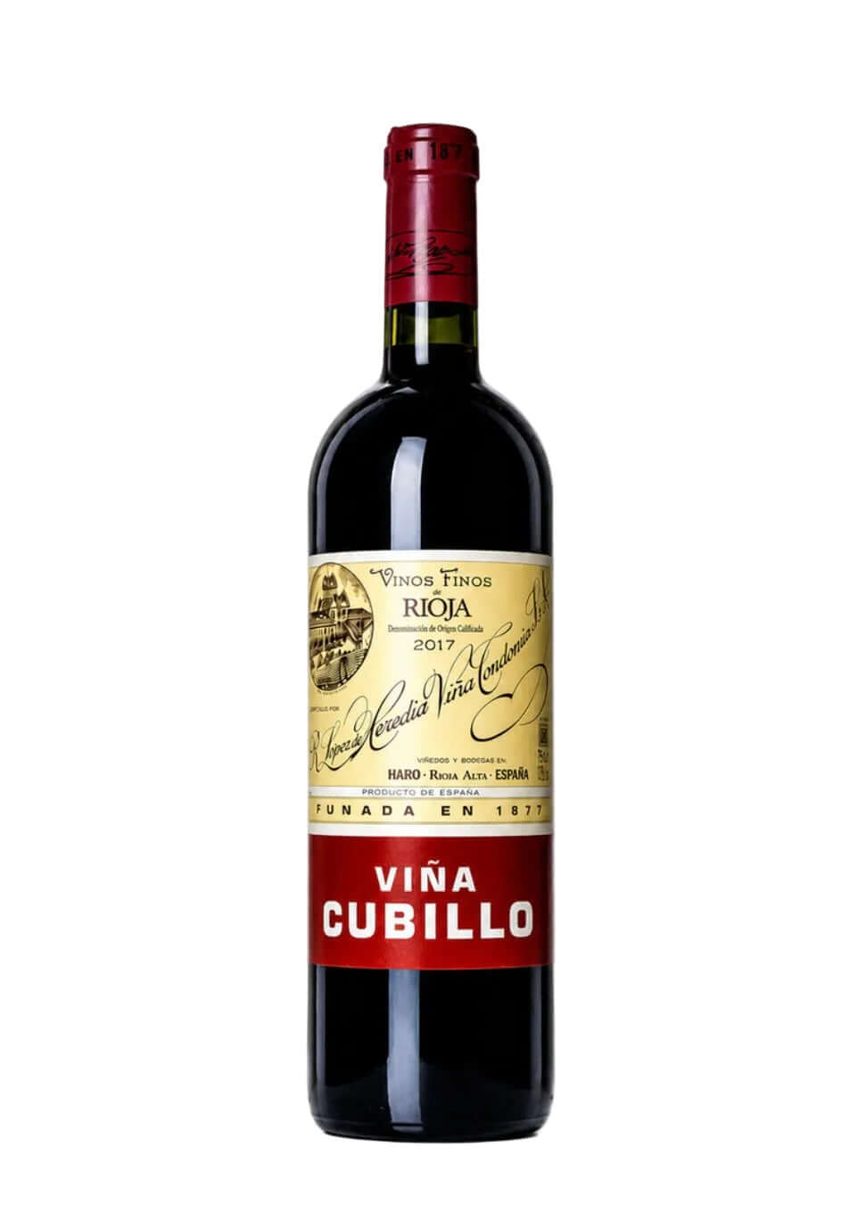A bottle of red wine from Viña Cubillo, featuring a dark glass bottle with a cream and red label, set against a plain white background.