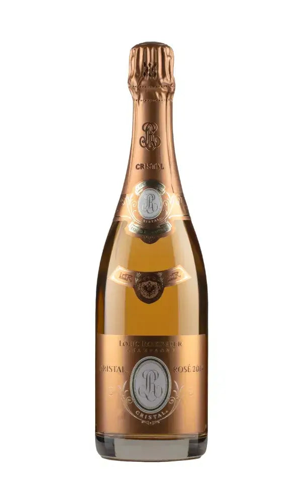Louis Roederer Cristal Rosé 2014 bottle – luxurious rosé Champagne with floral and berry notes.