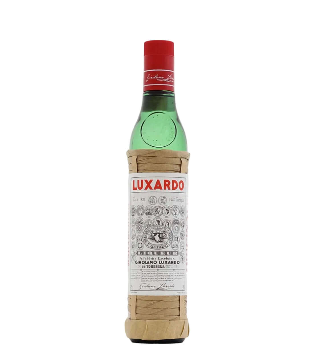 A bottle of Luxardo Gentile di Luxardo liqueur, featuring a green glass bottle with a red cap and a beige paper-wrapped neck and base, set against a plain white background.