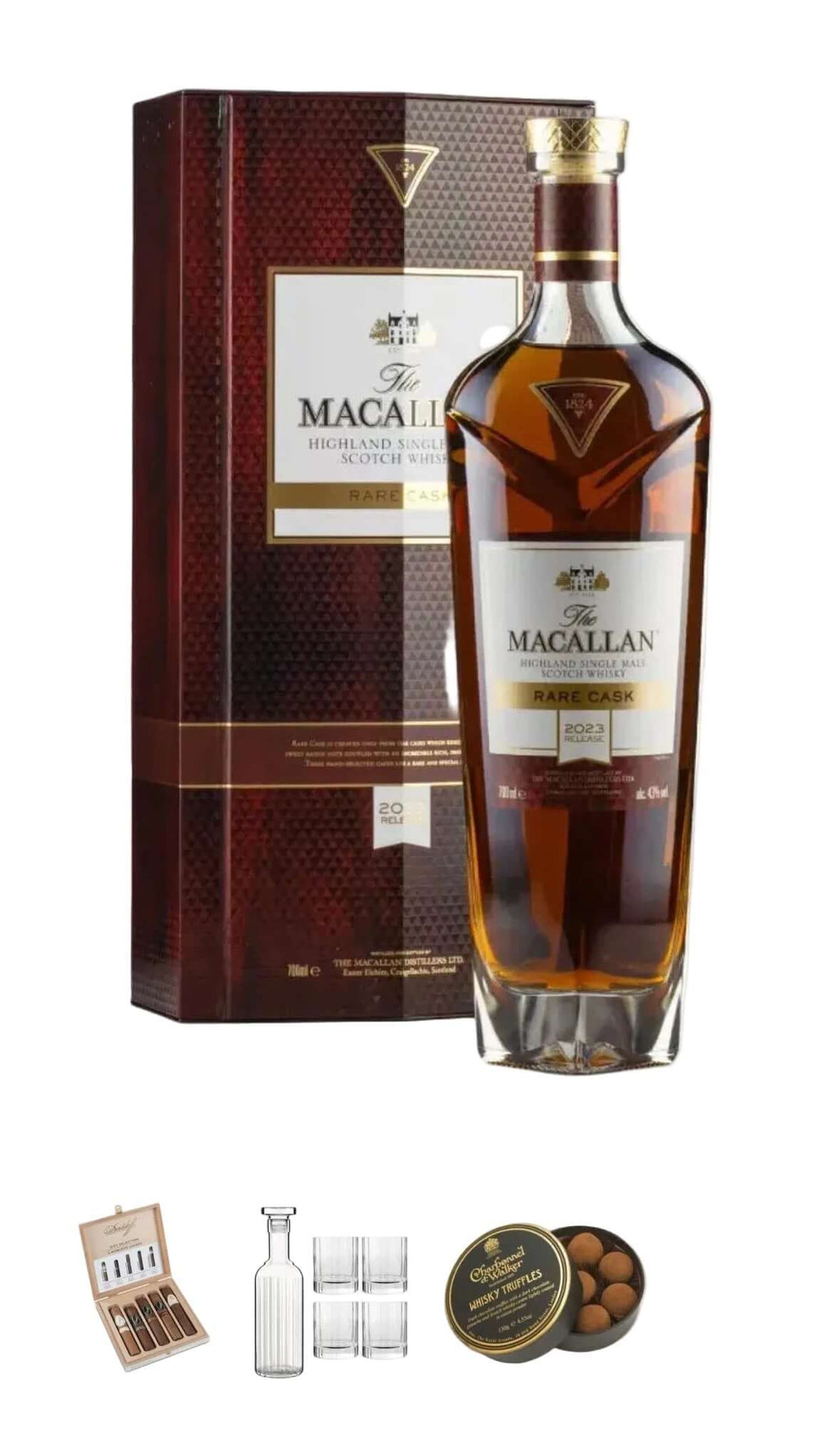 The Macallan Rare Single Malts Scotch Whisky bottle with its dark red gift box, plus a small gift set including a decanter, four whisky glasses, Charbonnel et walker Whisky truffle Chocolates 130g and a Davidoff Cigar selection box 