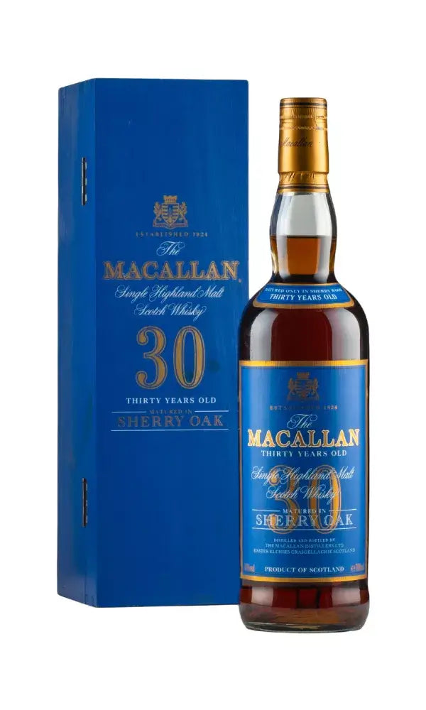 Macallan 30 Year Old Blue Box – elegant bottle with collectible presentation.