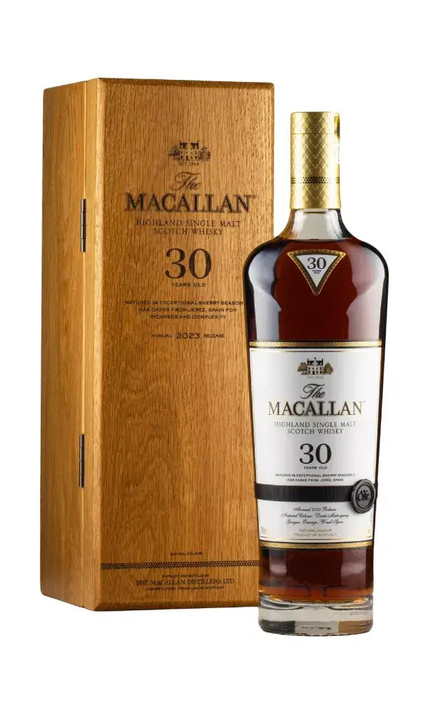 Macallan 30 Year Old Sherry Oak 2023 bottle – premium whisky with rich sherry-matured character.