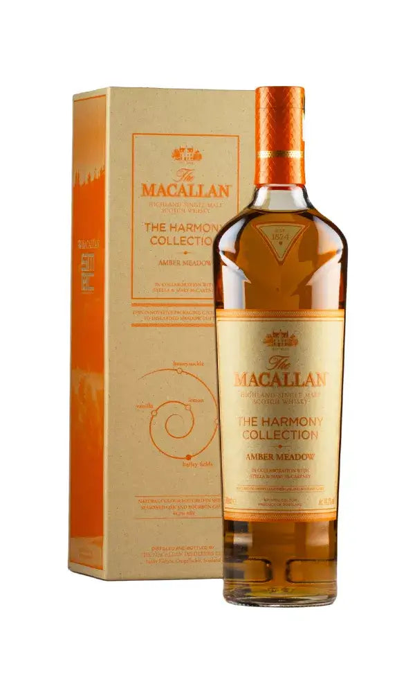 Macallan Harmony Collection Amber Meadow bottle with nature-inspired packaging.