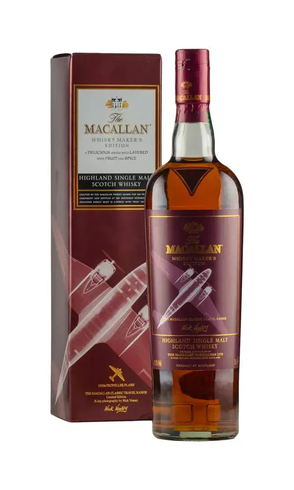 Macallan Whisky Maker's Edition bottle featuring 1930s propeller plane artwork.
