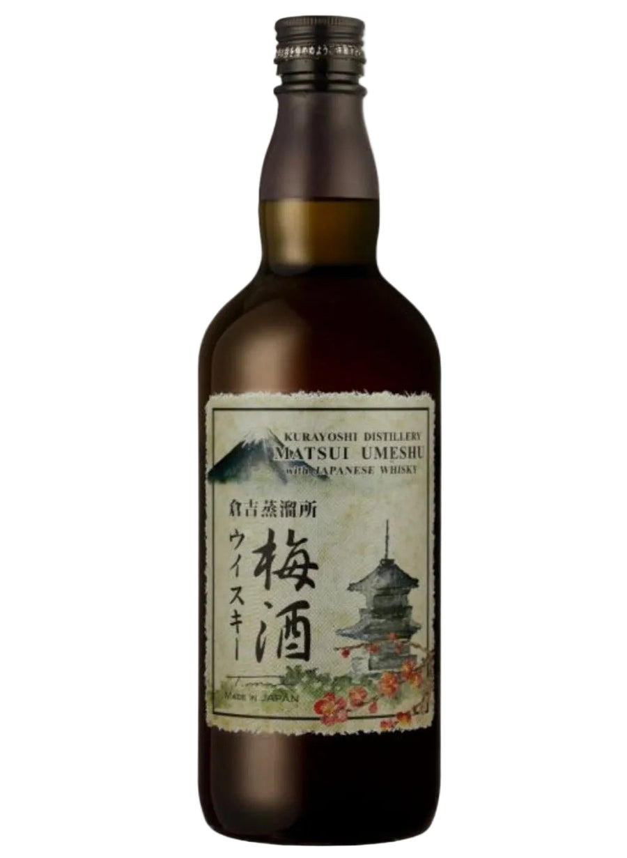 A bottle of Japanese umeshu whiskey from Nakayoshi Distillery, featuring a dark amber-brown glass bottle with a vintage-style cream label depicting a pagoda and Japanese text.