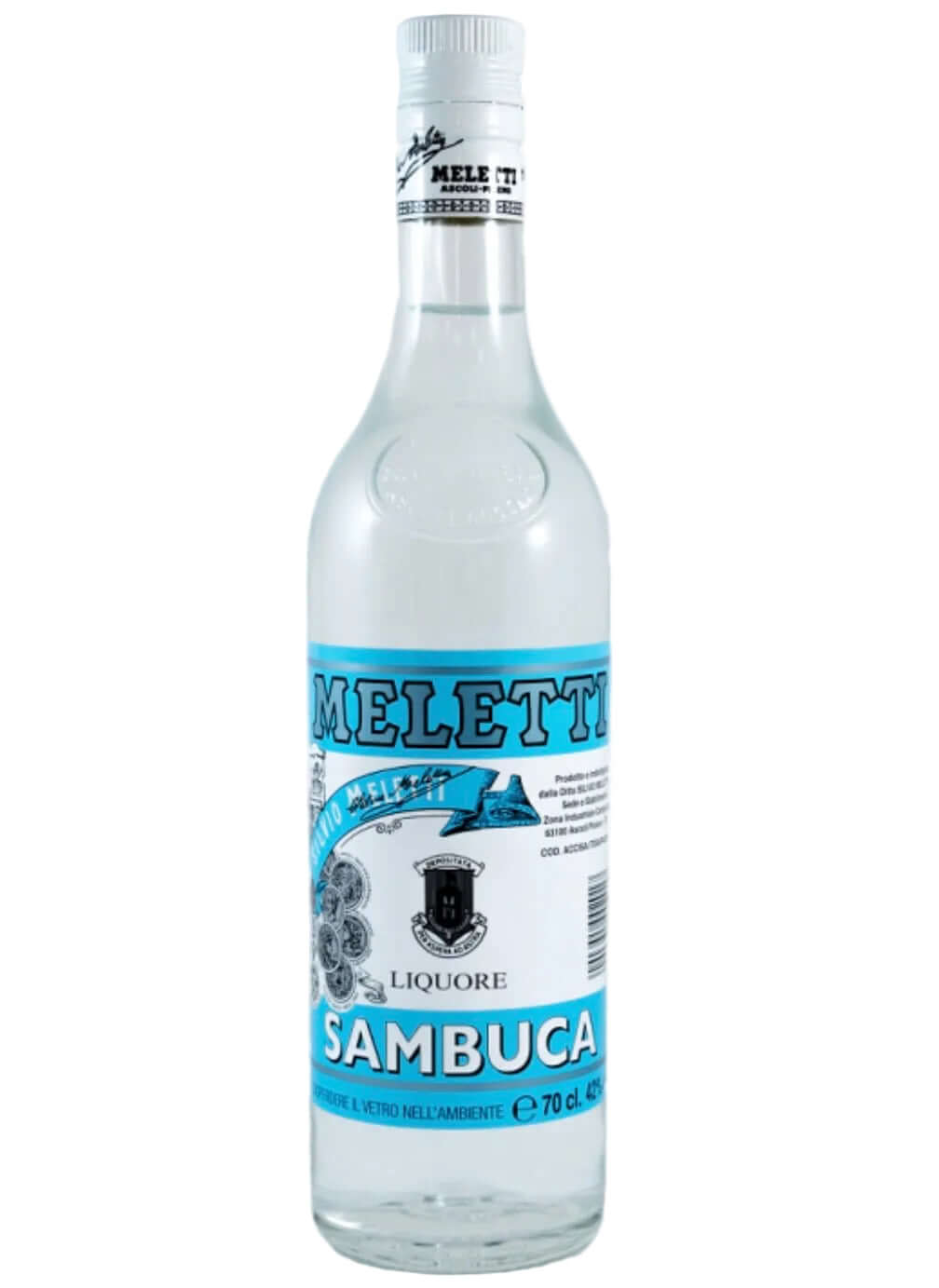 A 708 ml glass bottle of Meletta Sambuca liqueur, featuring a white label with light blue bands and black text, set against a plain white background.