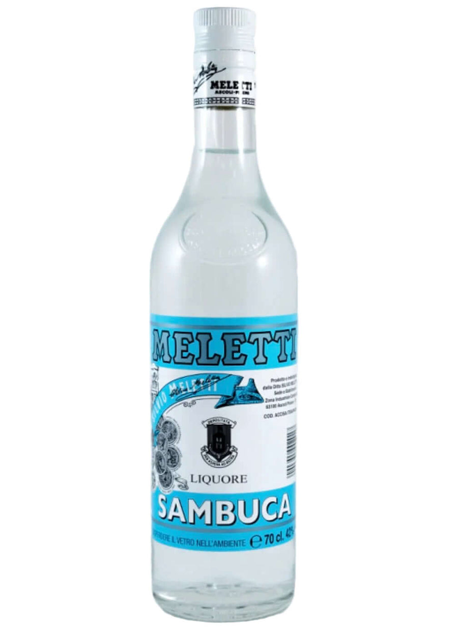 A 708 ml glass bottle of Meletta Sambuca liqueur, featuring a white label with light blue bands and black text, set against a plain white background.
