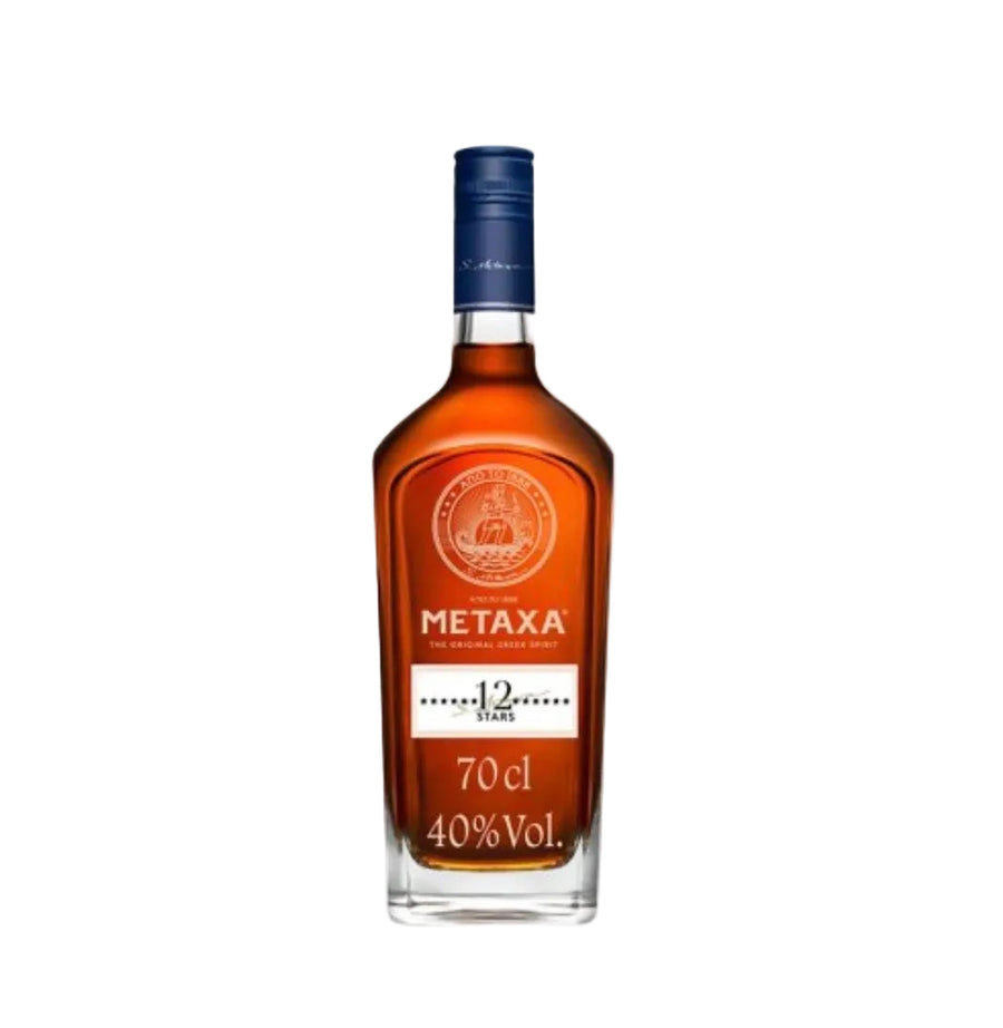 A bottle of Metaxa 12 Years spirit with amber liquid, a blue cap, and a white and orange label, centered on a plain white background.