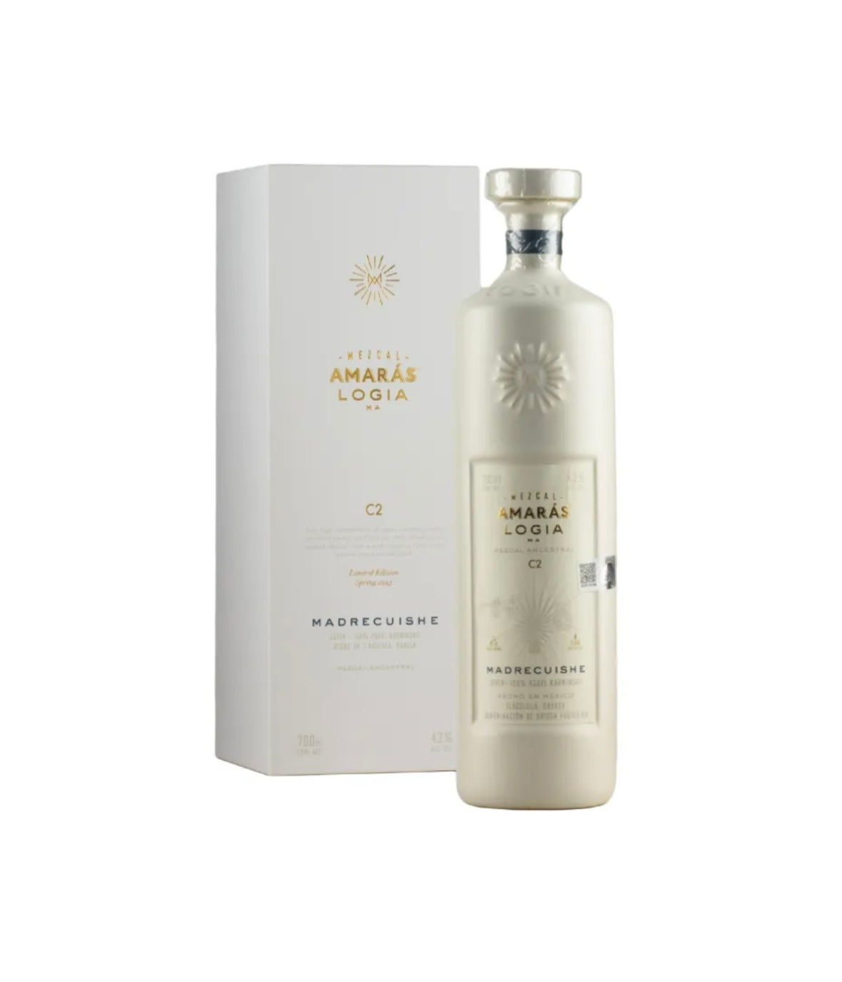 Cream-white bottle and matching white gift box of Mezcal Amarás Logia Madrecuishe C2 (700ml), limited-edition Spring 2022 ancestral mezcal from rare Madrecuishe agave, Oaxaca. Elegant frosted glass with embossed gold sunburst logo, gold metallic label text including "AMARÁS LOGIA", "MADRECUISE", "C2", "Limited Edition Spring 2022", "Joven - 100% Agave Karwinskii", "Ancestral Mezcal", "43% ALC/VOL", and "HECHO EN OAXACA, MÉXICO". Box features gold foil Amarás logo and text.