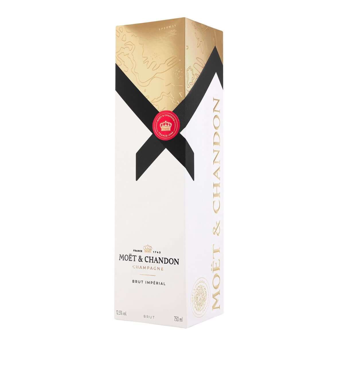 A tall, narrow white and gold carton for Moët & Chandon Brut Imperial champagne, with a large black X and a small red seal on the front, shown on a plain white background.