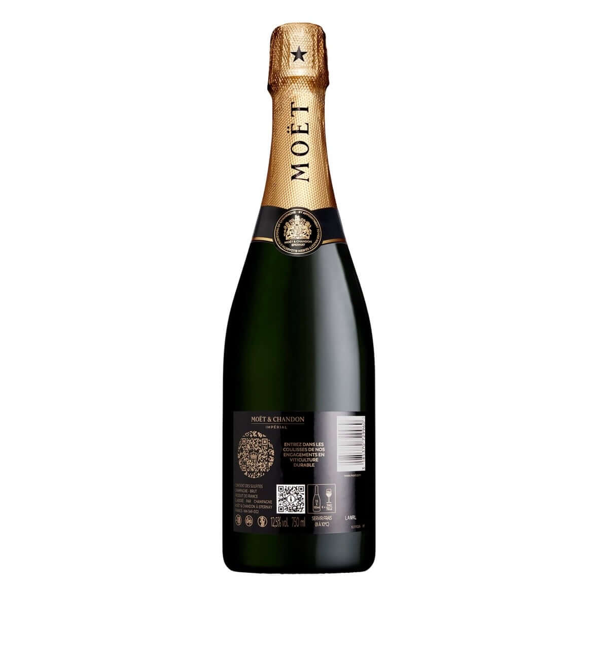 A bottle of Moët & Chandon Non Alcoholic Sparkling Wine, shown from the back against a plain white background. The bottle is dark green glass with a gold foil capsule and a black label.