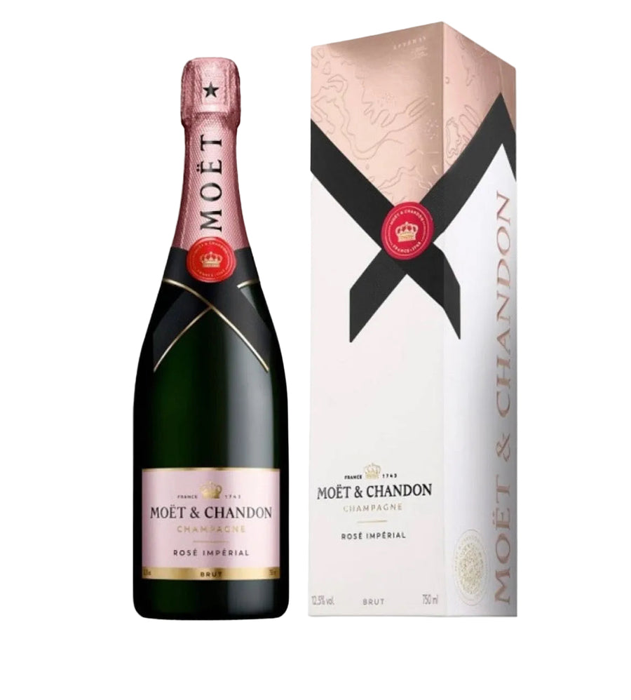 A bottle of Moët & Chandon Rosé Impérial champagne next to its white and pink packaging box, featuring a black X and a red seal on a white background.