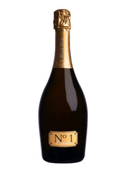 Bottle of champagne with gold foil cap and label on a white background