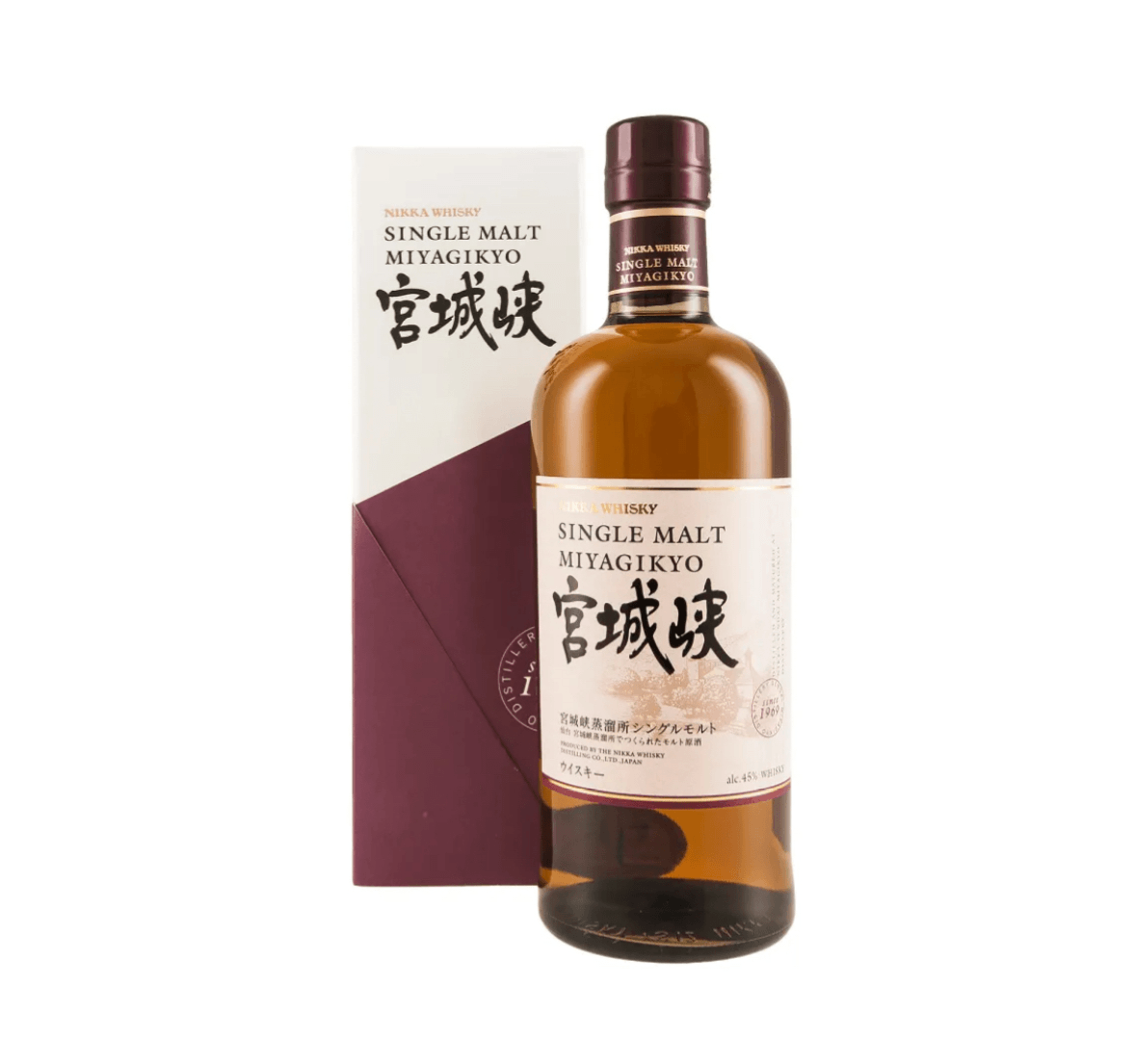 Bottle of Miyagikyo Single Malt Whisky with packaging on a white background