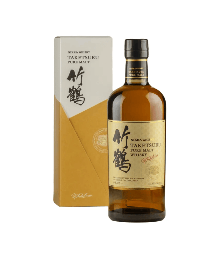Bottle and box of Taketsuru Pure Malt Whisky on a white background