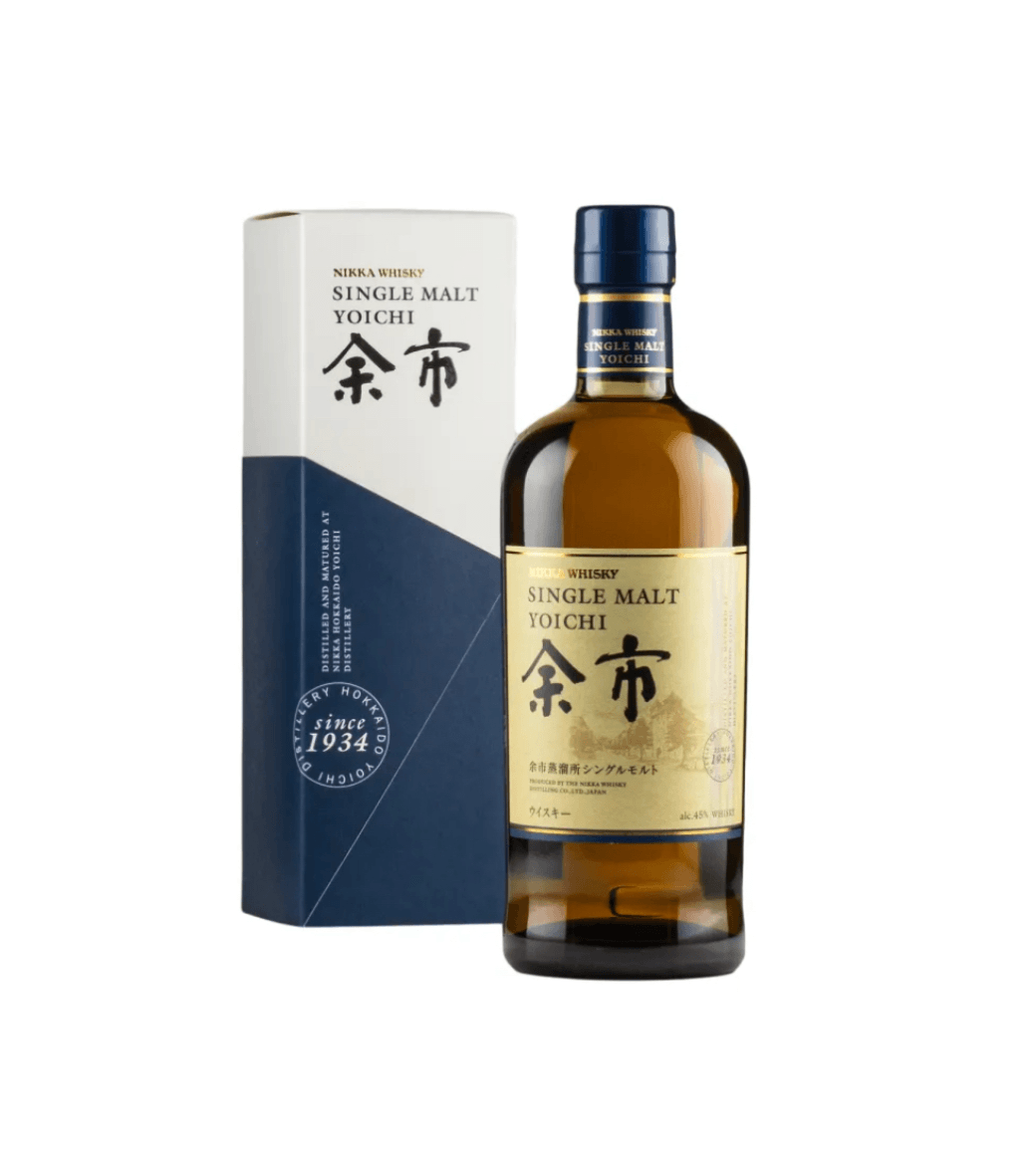 Nikka Yoichi Single Malt Whisky bottle and box on a white background