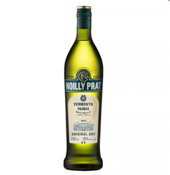 Green glass bottle of Noilly Prat Original Dry Vermouth. The bottle has a dark green screw cap with a gold band at the top. A prominent dark blue and gold neck label features the "NP" logo and "NOILLY PRAT" in white capital letters. 