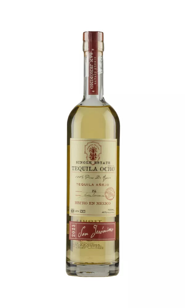 Bottle of Ocho Single Estate ‘San Jeronimo’ Añejo 2023 – amber tequila in a refined bottle with a vintage-labeled design.