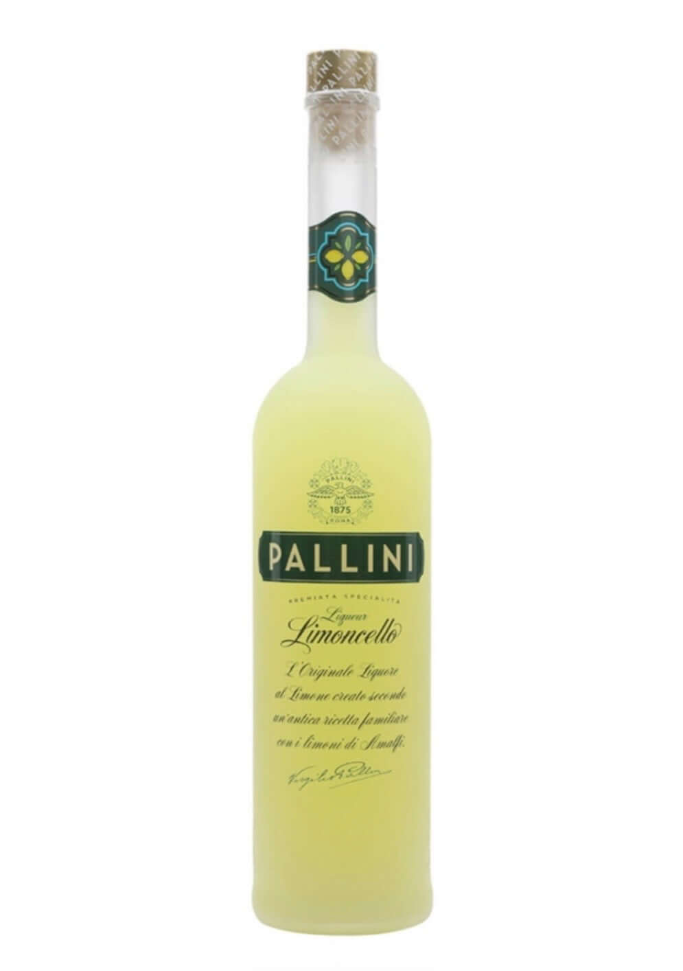 A bottle of Pallini Limoncello liqueur on a plain white background. The glass bottle is filled with a pale yellow liquid and features a dark green label with gold lettering and a gold foil seal near the neck.