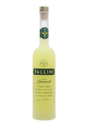 A bottle of Pallini Limoncello liqueur on a plain white background. The glass bottle is filled with a pale yellow liquid and features a dark green label with gold lettering and a gold foil seal near the neck.