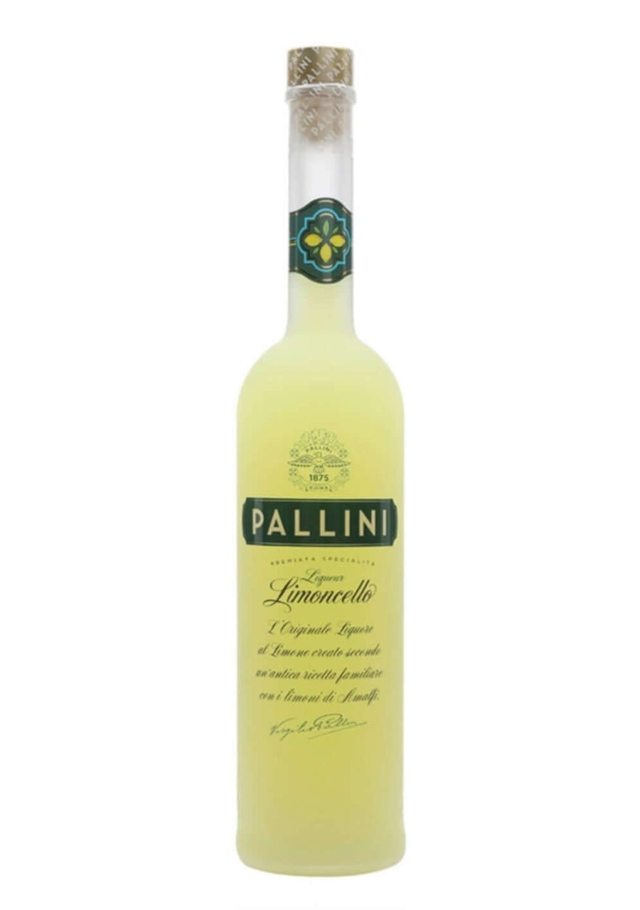 A bottle of Pallini Limoncello liqueur on a plain white background. The glass bottle is filled with a pale yellow liquid and features a dark green label with gold lettering and a gold foil seal near the neck.