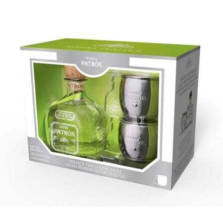 Patrón Silver Tequila gift set with 70cl bottle and two mule mugs in box.