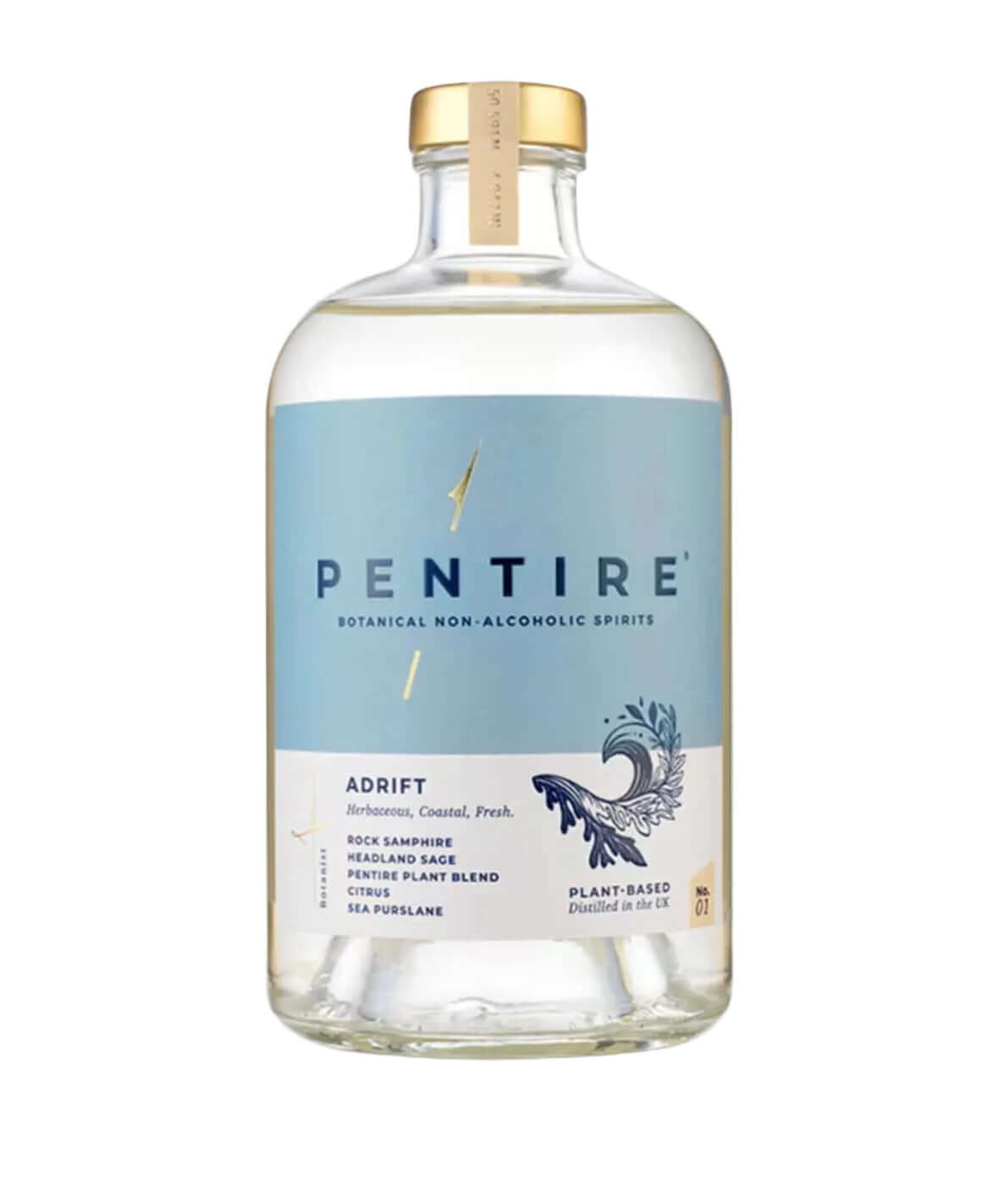 A clear glass bottle of Pentire Adrift botanical non-alcoholic spirits, featuring a light blue and white label with a gold cap, set against a plain white background.